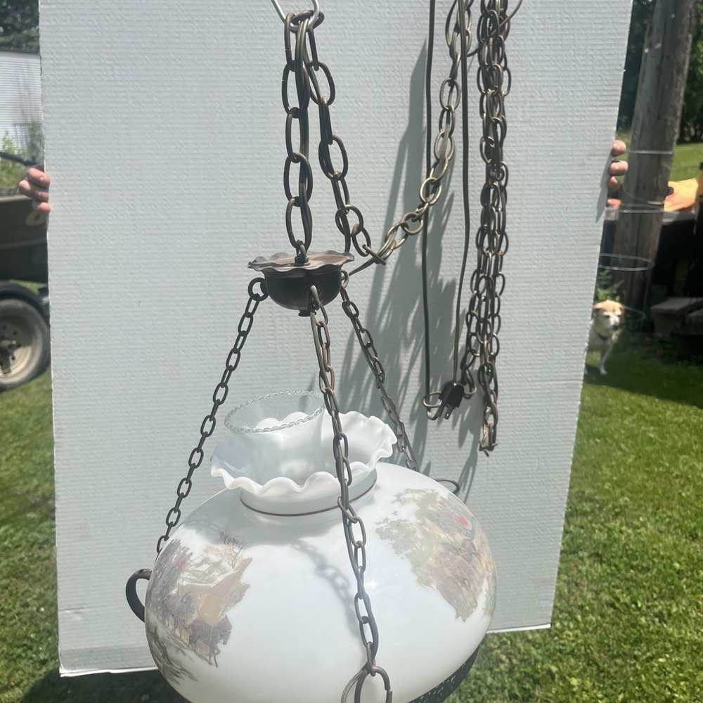 Vtg Aladdin Electric Milk Glass Library Hanging Lamp Chandelier 10" Stagecoach - Picture 6 of 16